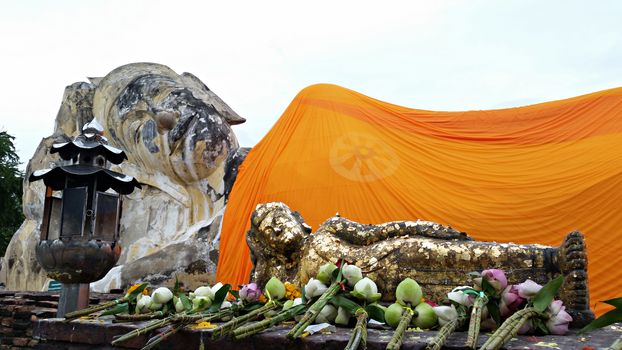 Giant laying buddha and small model and buddhism faith