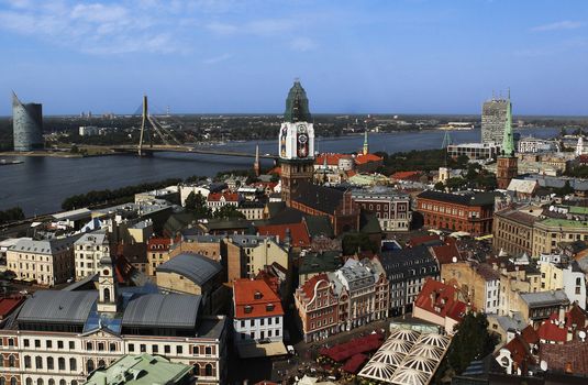 View of Old Riga and Daugava River from the St. Peter's Church, Latvia.