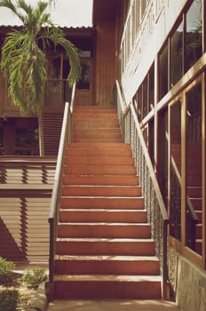 Old wooden stairs step made from wood in vintage style.