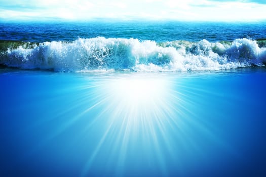 Blue ocean with waves and sunrise, nature concept