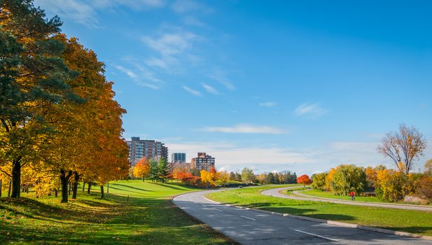 Traffic along Ottawa riverside parkway - runners and riders on winding paved pedestrian path.   Panoramic view following Ottawa River.  Apartments & condos along parkway.