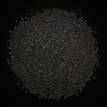 Top view of Organic Black Sesame (Sesamum indicum) isolated on dark background.