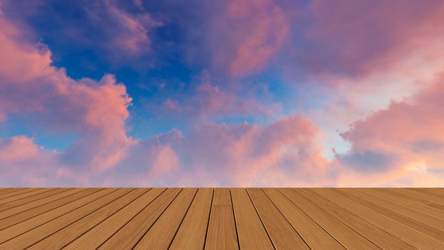 Perspective wood and sunset background. product display template