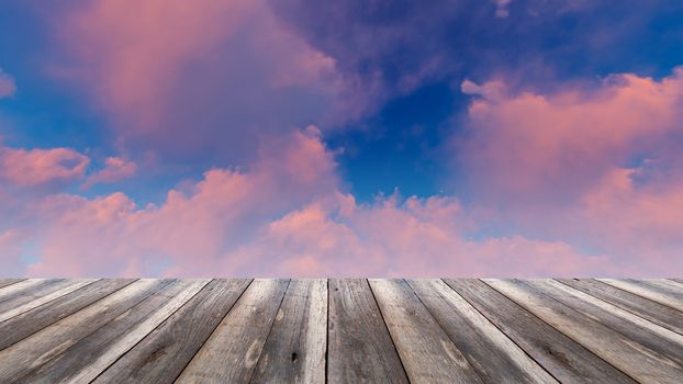 Perspective wood and sunset background. product display template