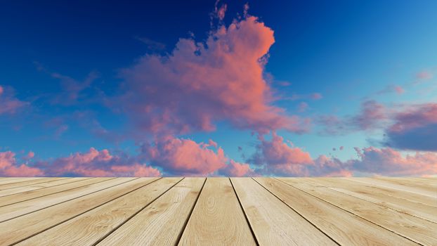 Perspective wood and sunset background. product display template