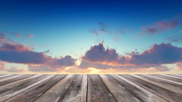 Perspective wood and sunset background. product display template