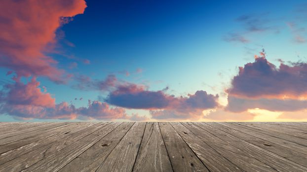 Perspective wood and sunset background. product display template