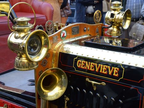 Car bonnet and lights of Darracq 1904 veteran car