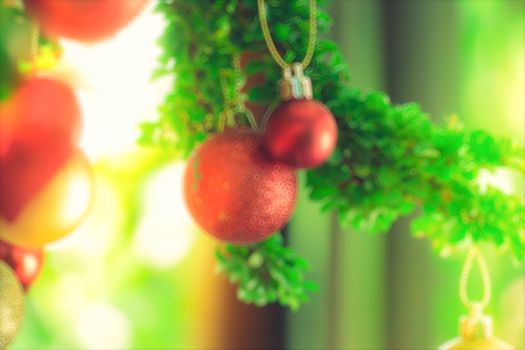 bokeh Christmas balls and Christmas tree with light background