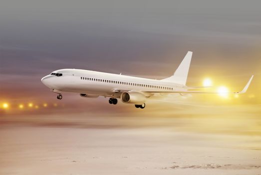 airport and white plane taking off at non-flying weather, snowstorm