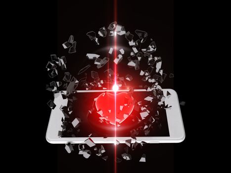 Red heart burst out of the smartphone, lens flare, technology background