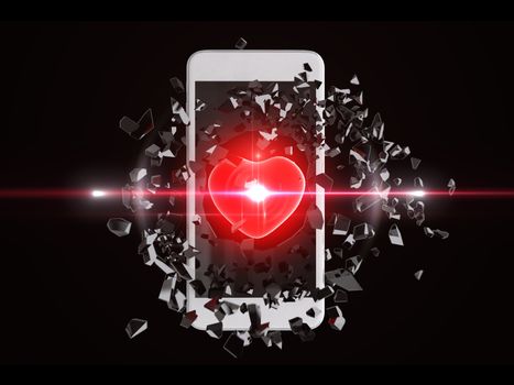 Red heart burst out of the smartphone, lens flare, technology background