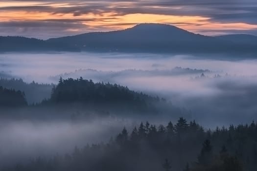 foggy dawn over the national park Bohemian Switzerland, Czech Republic