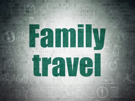 Vacation concept: Painted green text Family Travel on Digital Paper background with   Hand Drawn Vacation Icons