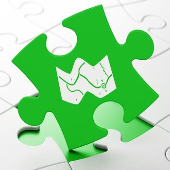 Travel concept: Map on Green puzzle pieces background, 3d render