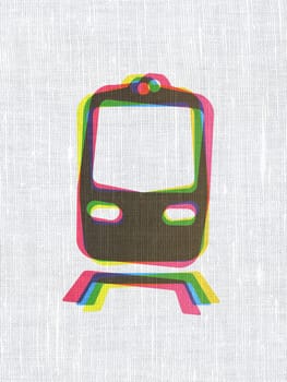 Travel concept: CMYK Train on linen fabric texture background