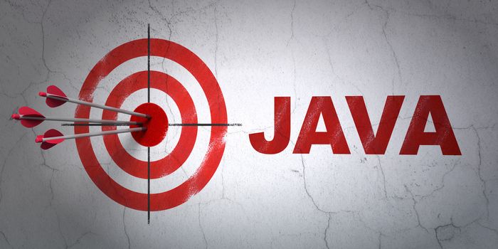 Success Software concept: arrows hitting the center of target, Red Java on wall background