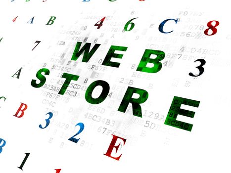 Web development concept: Pixelated green text Web Store on Digital wall background with Hexadecimal Code