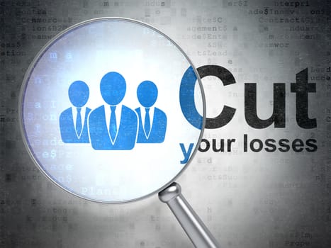 Business concept: magnifying optical glass with Business People icon and Cut Your losses word on digital background