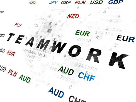 Finance concept: Pixelated black text Teamwork on Digital wall background with Currency