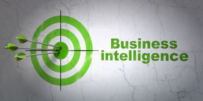 Success business concept: arrows hitting the center of target, Green Business Intelligence on wall background