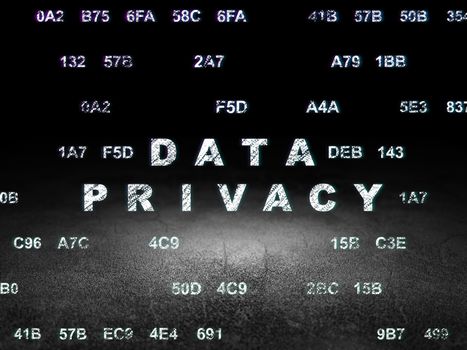 Privacy concept: Glowing text Data Privacy in grunge dark room with Dirty Floor, black background with Hexadecimal Code