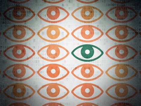 Safety concept: rows of Painted orange eye icons around green eye icon on Digital Paper background