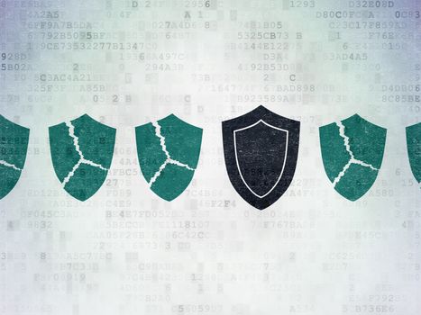 Security concept: row of Painted blue broken shield icons around black shield icon on Digital Paper background