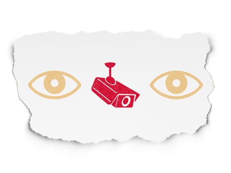 Protection concept: row of Painted yellow eye icons around red cctv camera icon on Torn Paper background