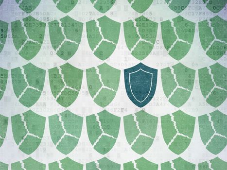 Privacy concept: rows of Painted green broken shield icons around blue shield icon on Digital Paper background