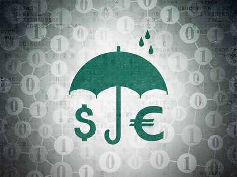 Safety concept: Painted green Money And Umbrella icon on Digital Paper background with Scheme Of Binary Code