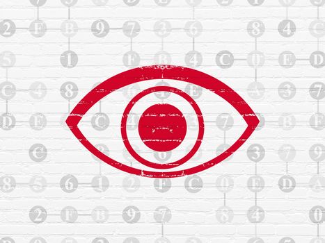 Security concept: Painted red Eye icon on White Brick wall background with Scheme Of Hexadecimal Code