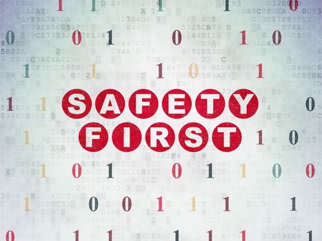 Safety concept: Painted red text Safety First on Digital Paper background with Binary Code