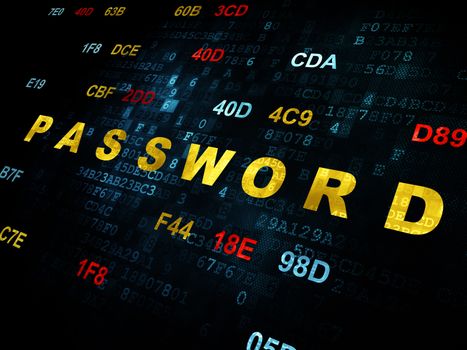 Protection concept: Pixelated yellow text Password on Digital wall background with Hexadecimal Code