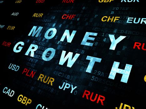 Banking concept: Pixelated blue text Money Growth on Digital wall background with Currency