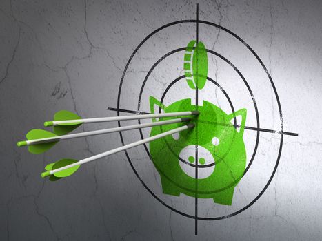 Success banking concept: arrows hitting the center of Green Money Box With Coin target on wall background