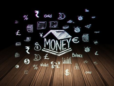 Currency concept: Glowing Money Box icon in grunge dark room with Wooden Floor, black background with  Hand Drawn Finance Icons