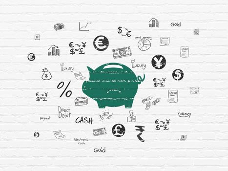 Money concept: Painted green Money Box icon on White Brick wall background with  Hand Drawn Finance Icons