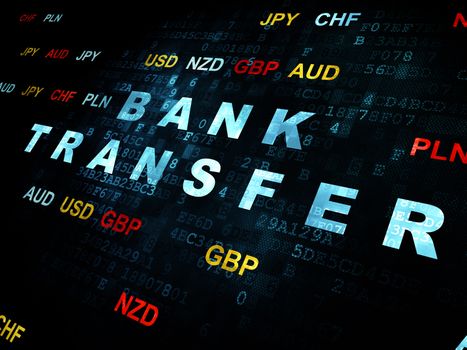 Banking concept: Pixelated blue text Bank Transfer on Digital wall background with Currency