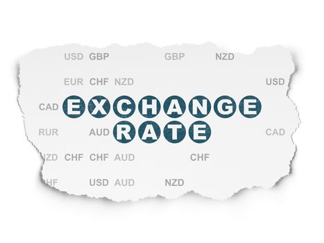 Currency concept: Painted blue text Exchange Rate on Torn Paper background with  Currency