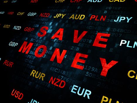 Currency concept: Pixelated red text Save Money on Digital wall background with Currency