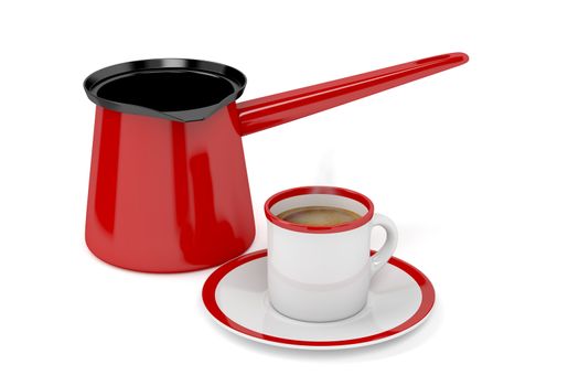 Coffee pot and fresh prepared hot coffee, on white background