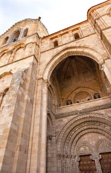 Cathedral Spire and Door Avila Castile Spain  Gothic church built in the 1100s.  Avila is a an ancient walled medieval city in Spain.