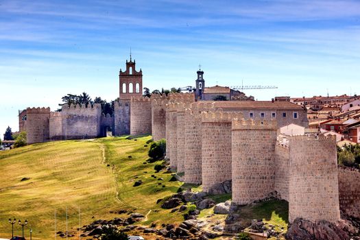 Avila Ancient Medieval City Walls Castle Swallows Castile Spain.  Avila is described as the most 16th century town in Spain.  Walls created in 1088 after Christians conquer and take the city from the Moors