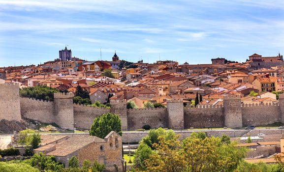 Avila Ancient Medieval City Walls Castle Swallows Castile Spain.  Avila is described as the most 16th century town in Spain.  Walls created in 1088 after Christians conquer and take the city from the Moors