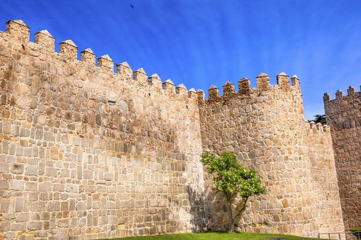 Avila City Castle Walls Turret Swallws Castile Spain.  Avila described as the most 16th century town in Spain.  Walls created in 1088 after Christians conquer  Moors