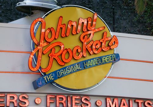 UNIVERSAL CITY, CA/USA DECEMBER 22, 2015: Johnny Rockets restaurant exterior and sign. Johnny Rockets is an American restaurant franchise.