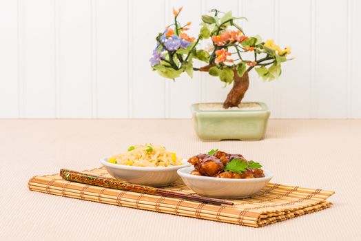 General Tao chicken served with vegetable fried rice.