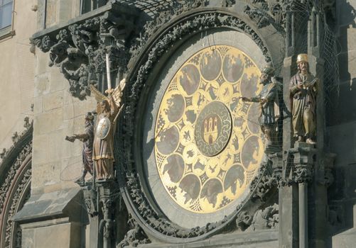 Decor and sculpture of astronomical clock on the wall of the Prague City Hall