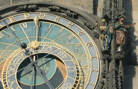 Sculptures and decor of Astronomical Clock located on the wall of the Prague City Hall.